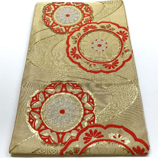 5056# Japanese Vintage Fukuro Obi Belt Kimono Fabric Silk Traditional Gold