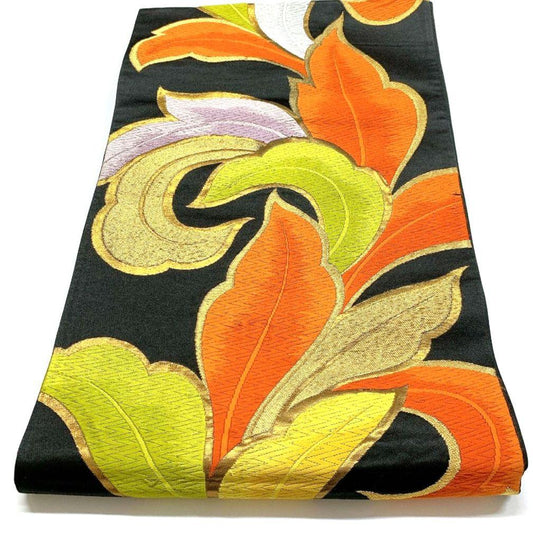 4511# Japanese Vintage Fukuro Obi Belt Kimono Fabric Silk Traditional Black
