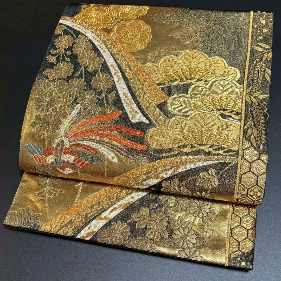 6160# Japanese Vintage Fukuro Obi Belt Kimono Fabric Silk Traditional Gold