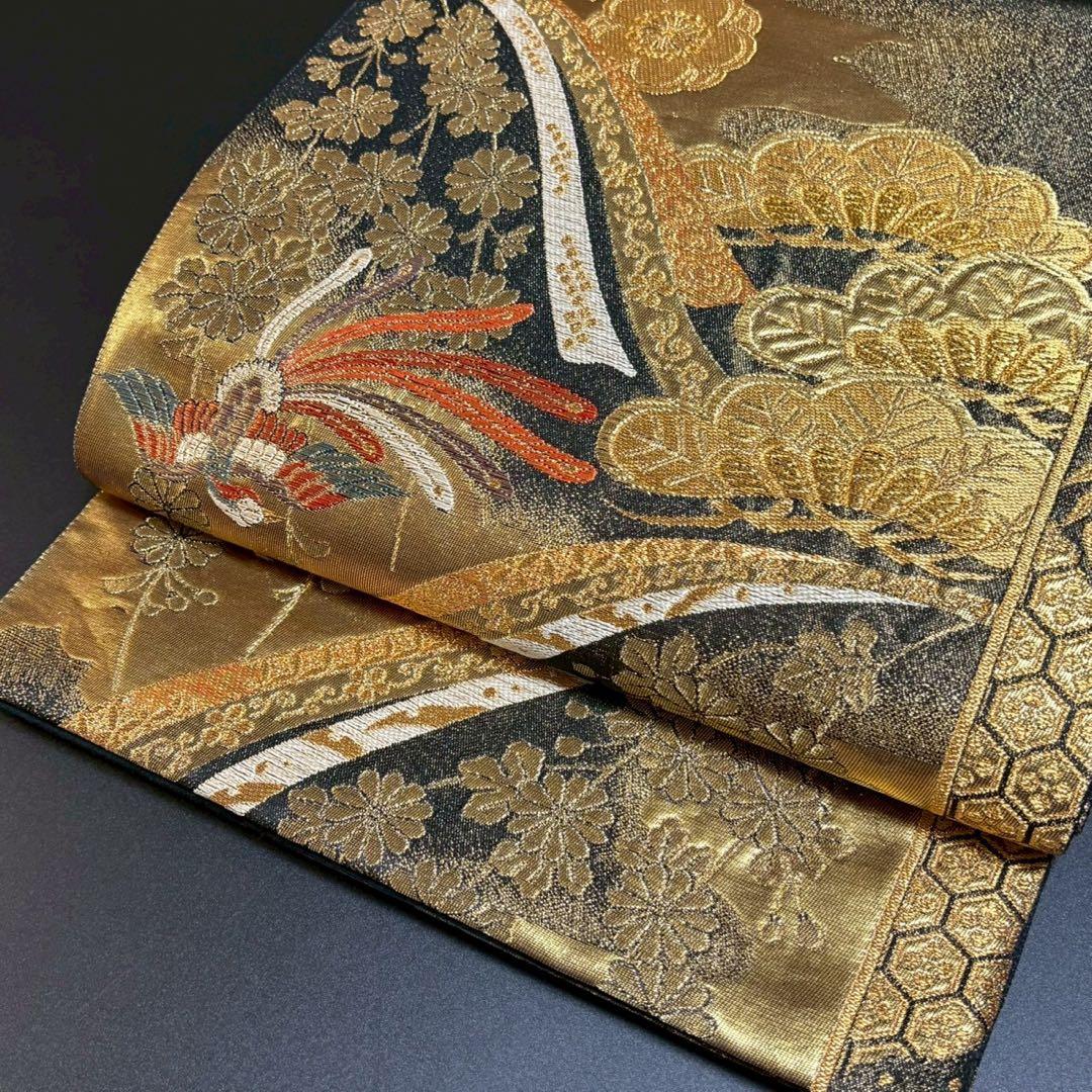 6160# Japanese Vintage Fukuro Obi Belt Kimono Fabric Silk Traditional Gold