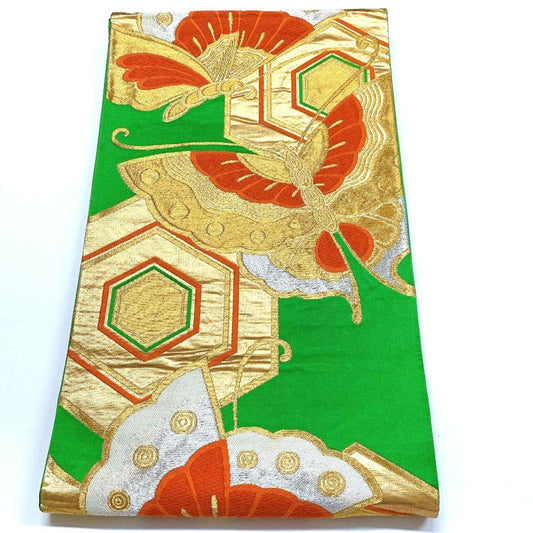 3841# Japanese Vintage Fukuro Obi Belt Kimono Fabric Silk Traditional Green