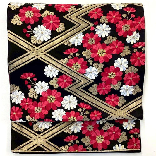 4766# Japanese Vintage Fukuro Obi Belt Kimono Fabric Silk Traditional Black