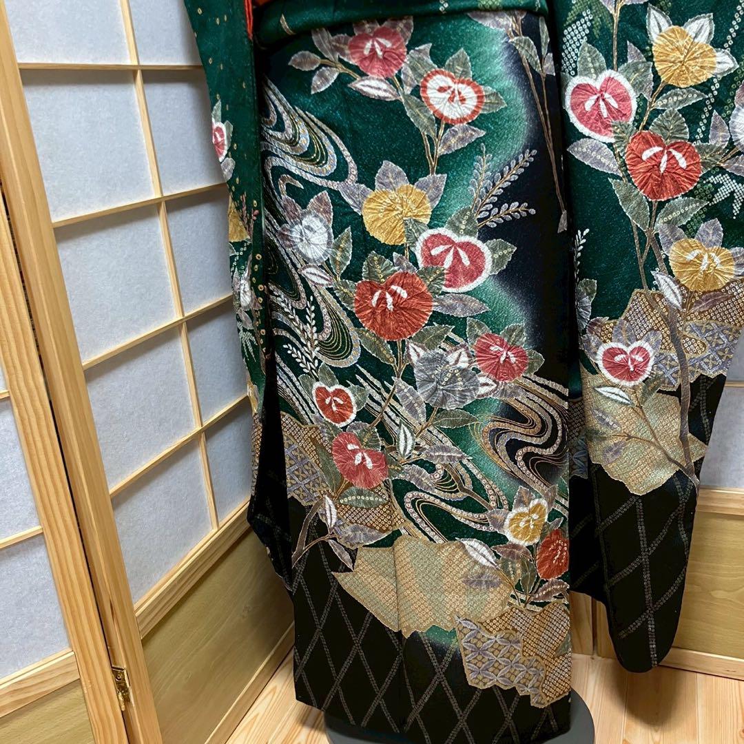 5487# Japanese Vintage Furisode Kimono Obi Obijime Obiage 4-Piece Set Silk Robe