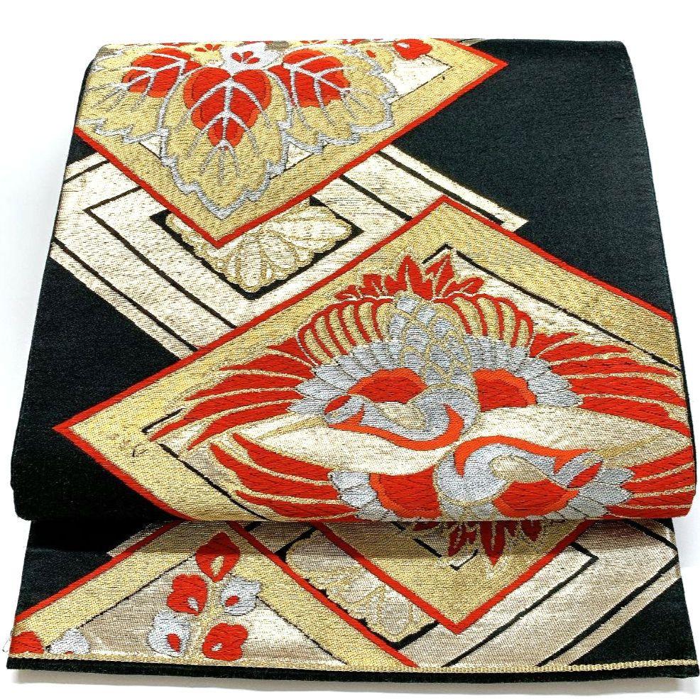 4488# Japanese Vintage Fukuro Obi Belt Kimono Fabric Silk Traditional Black