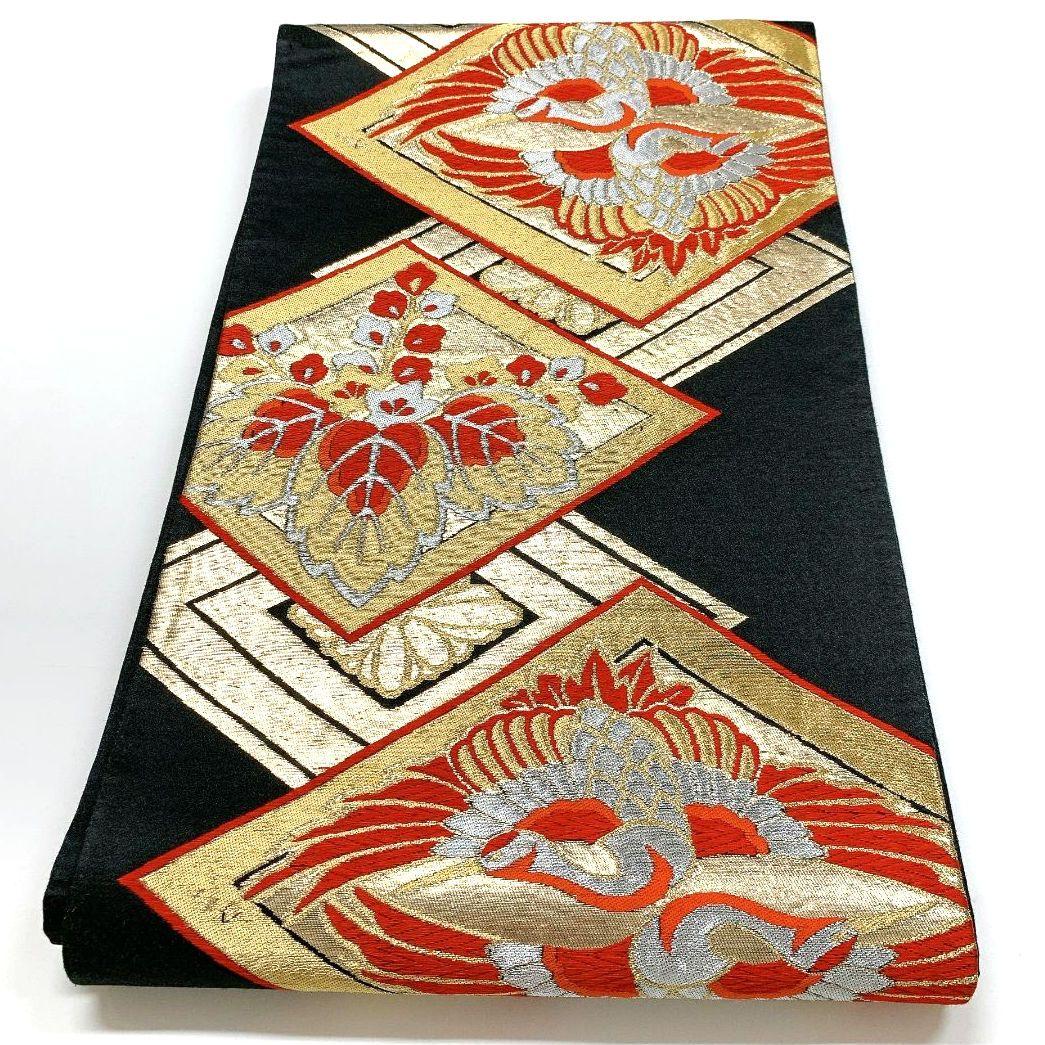 4488# Japanese Vintage Fukuro Obi Belt Kimono Fabric Silk Traditional Black