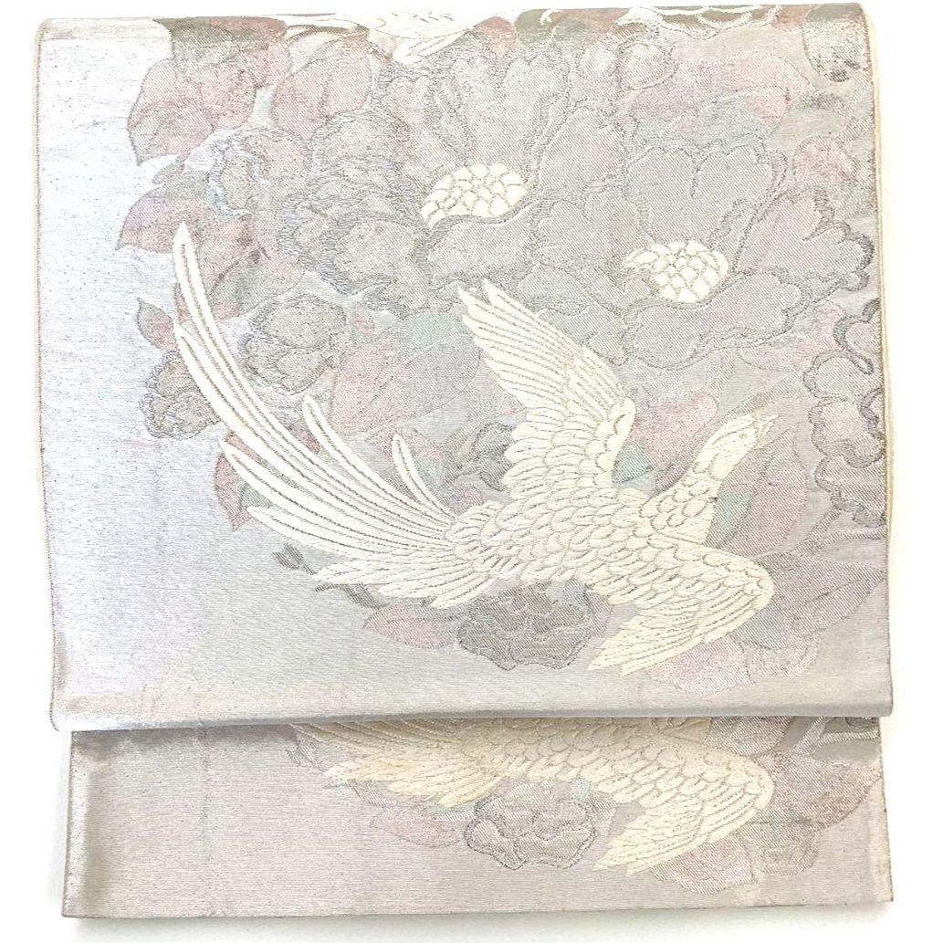 4730# Japanese Vintage Fukuro Obi Belt Kimono Fabric Silk Traditional Silver