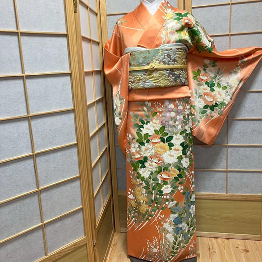 4349# Japanese Kimono Vintage Womens Silk Fabric Robe Kimono only sold Orange