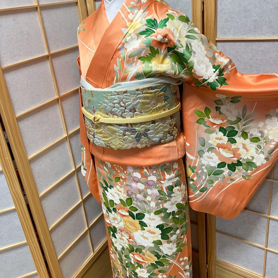 4349# Japanese Kimono Vintage Womens Silk Fabric Robe Kimono only sold Orange