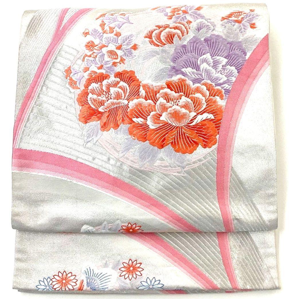 4299# Japanese Vintage Fukuro Obi Belt Kimono Fabric Silk Traditional Silver
