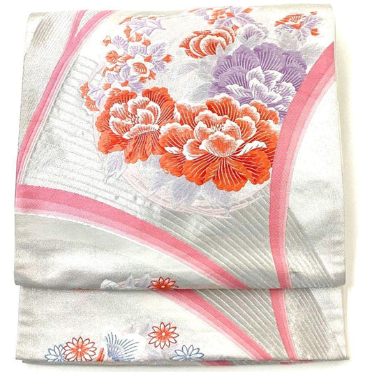 4299# Japanese Vintage Fukuro Obi Belt Kimono Fabric Silk Traditional Silver