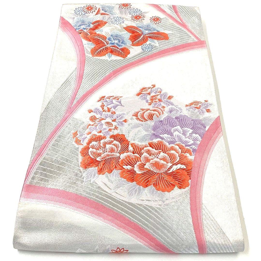4299# Japanese Vintage Fukuro Obi Belt Kimono Fabric Silk Traditional Silver