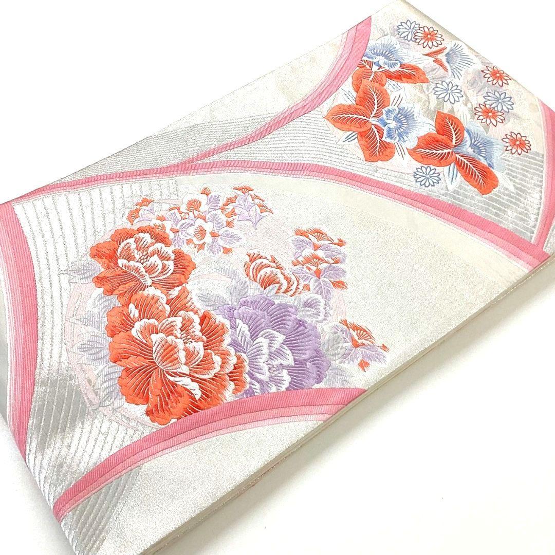 4299# Japanese Vintage Fukuro Obi Belt Kimono Fabric Silk Traditional Silver