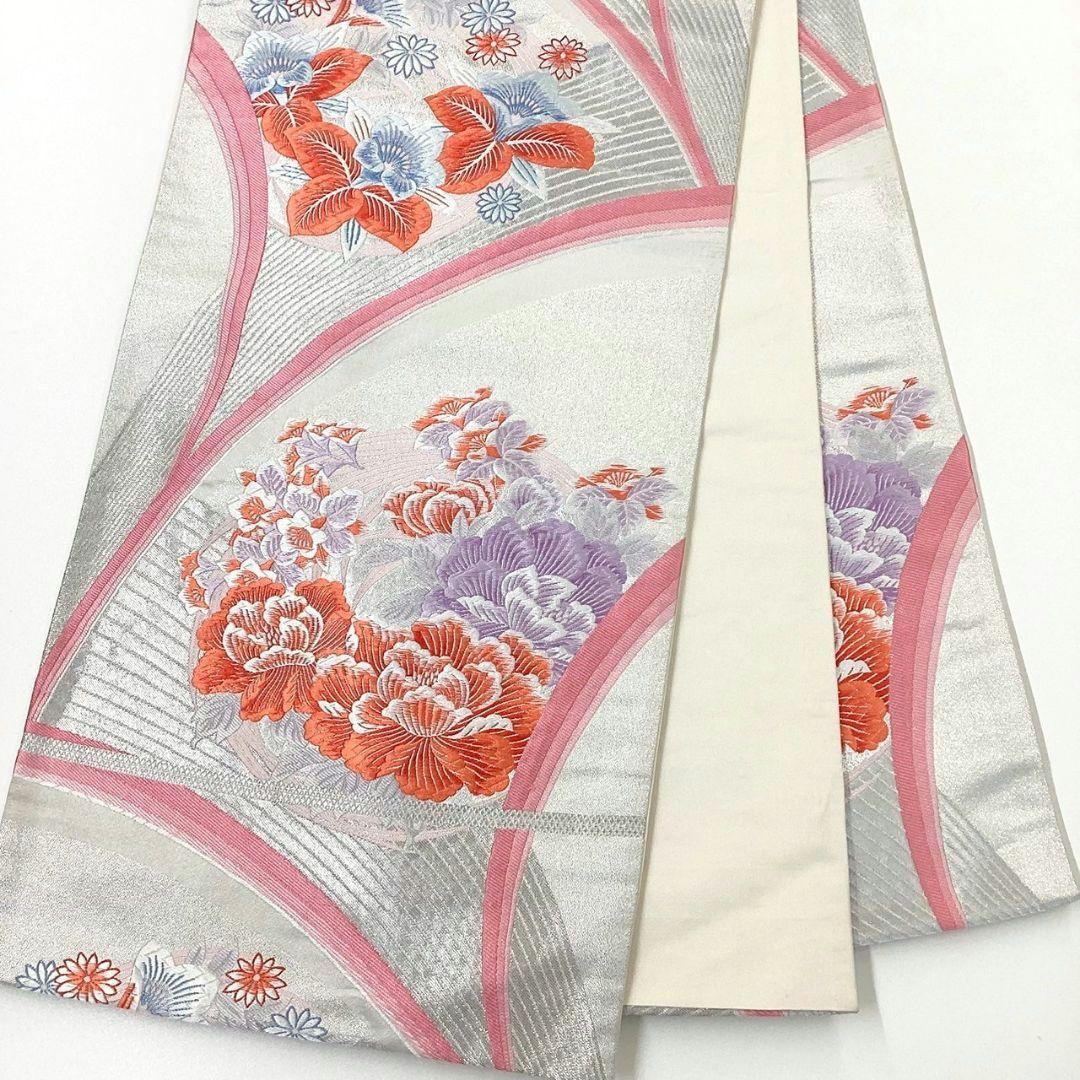 4299# Japanese Vintage Fukuro Obi Belt Kimono Fabric Silk Traditional Silver