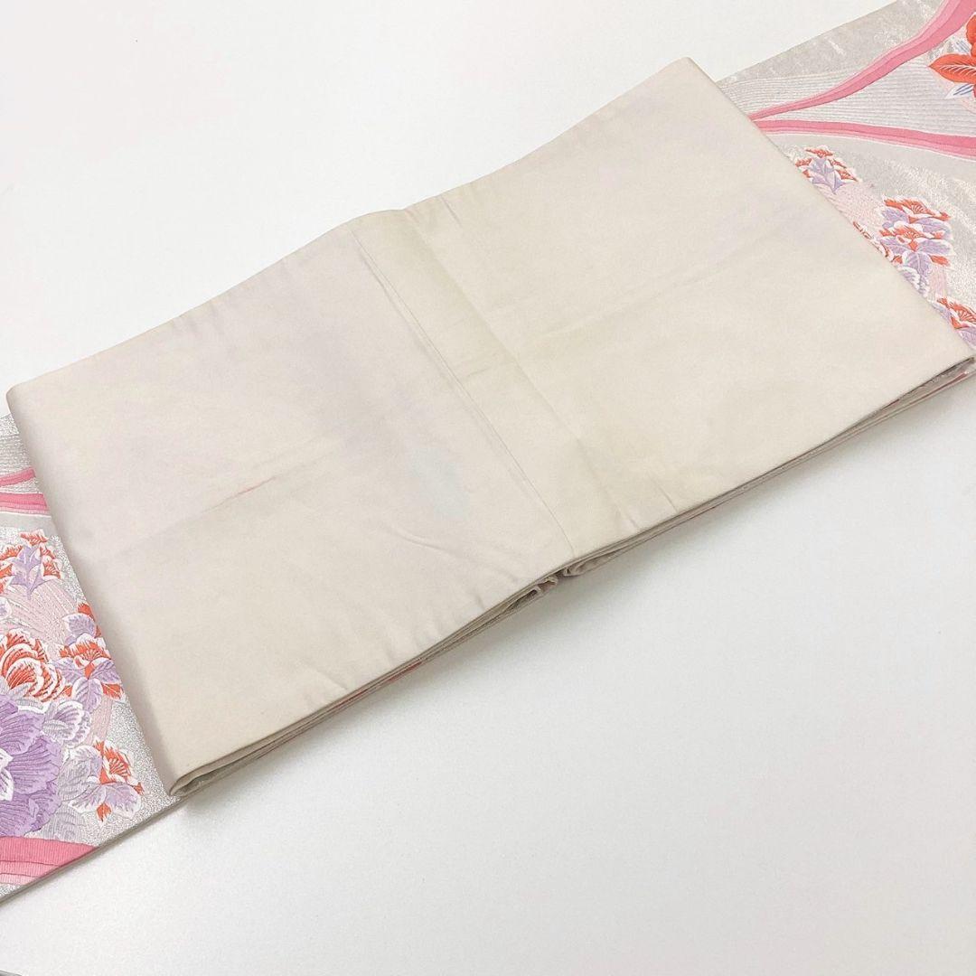 4299# Japanese Vintage Fukuro Obi Belt Kimono Fabric Silk Traditional Silver