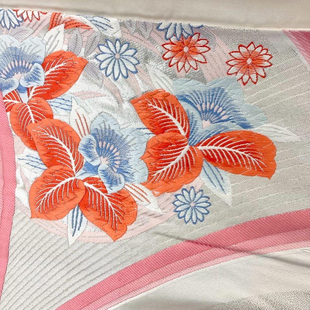 4299# Japanese Vintage Fukuro Obi Belt Kimono Fabric Silk Traditional Silver