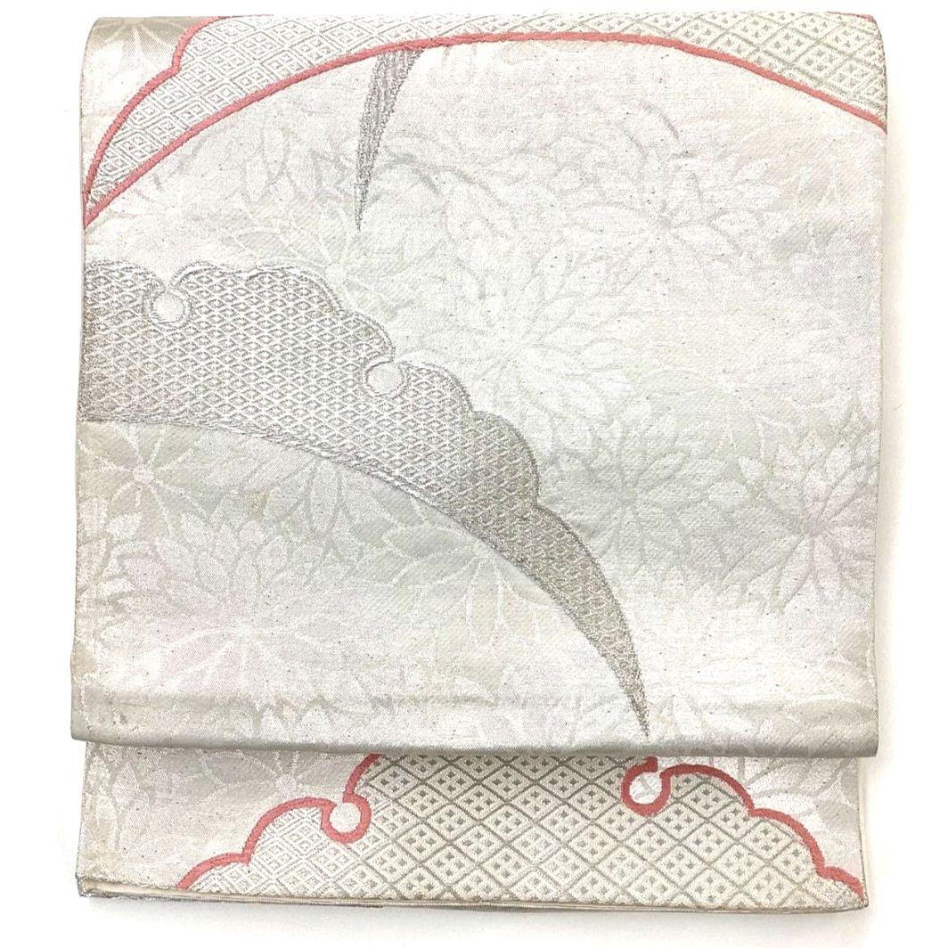 4257# Japanese Vintage Fukuro Obi Belt Kimono Fabric Silk Traditional Silver