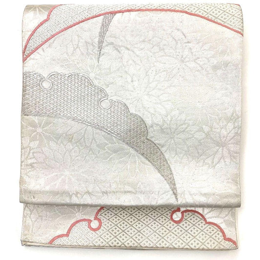 4257# Japanese Vintage Fukuro Obi Belt Kimono Fabric Silk Traditional Silver