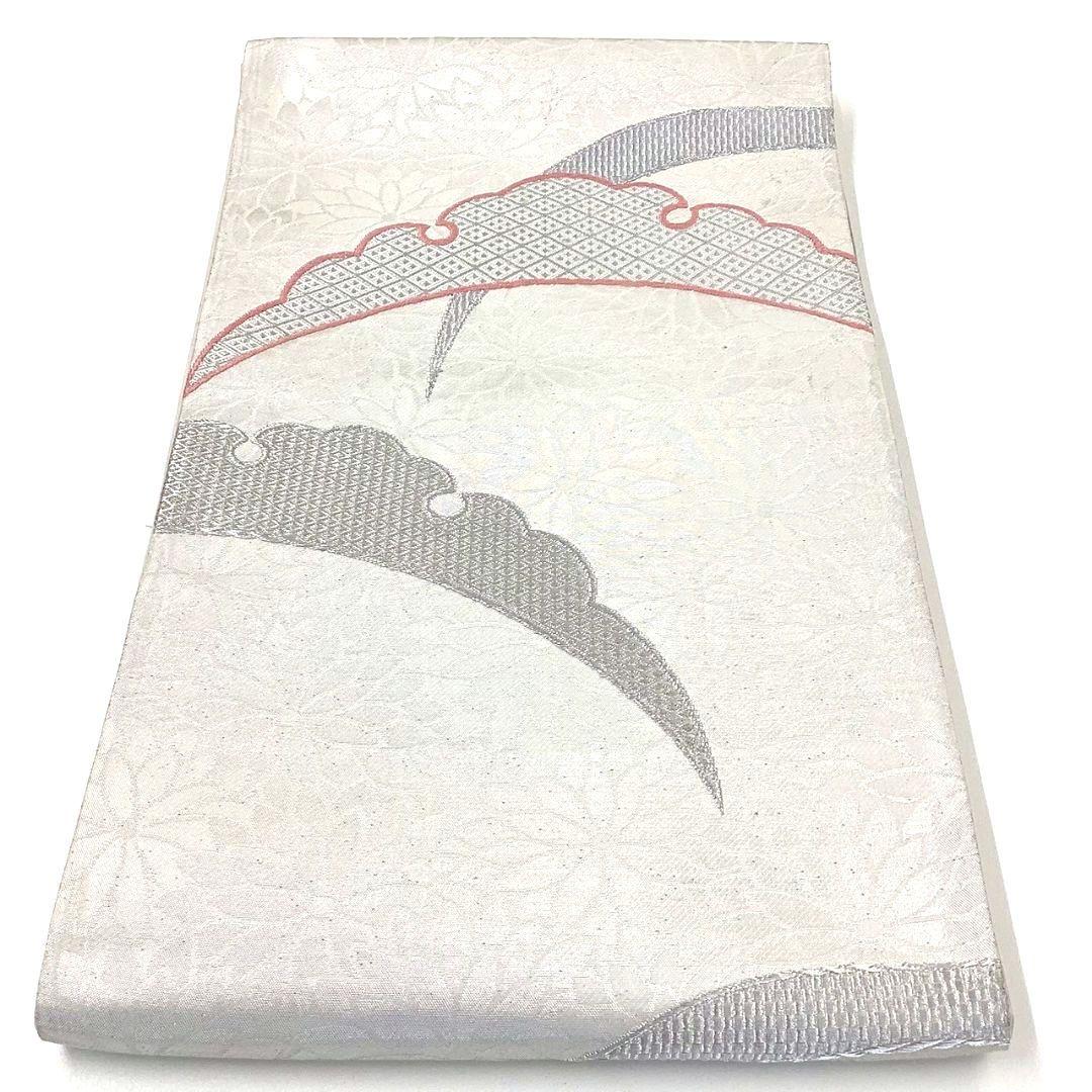 4257# Japanese Vintage Fukuro Obi Belt Kimono Fabric Silk Traditional Silver