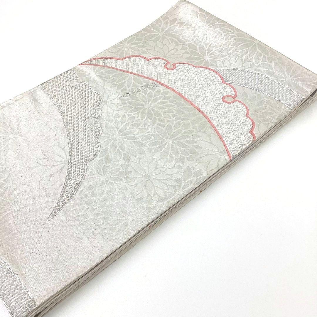 4257# Japanese Vintage Fukuro Obi Belt Kimono Fabric Silk Traditional Silver