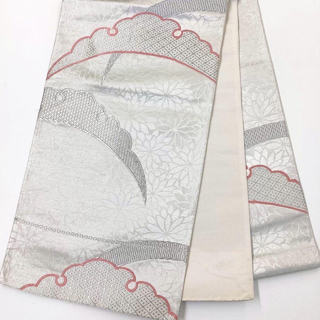 4257# Japanese Vintage Fukuro Obi Belt Kimono Fabric Silk Traditional Silver