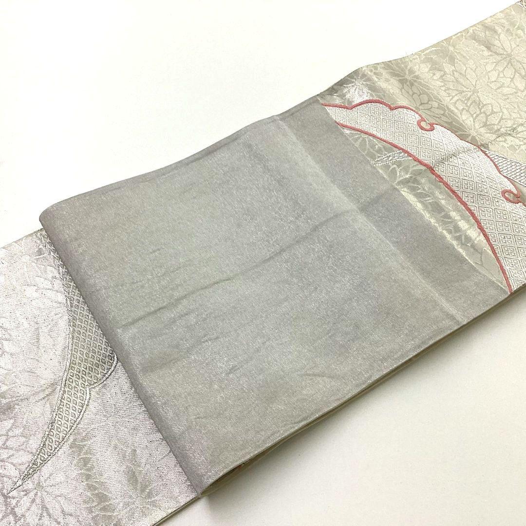 4257# Japanese Vintage Fukuro Obi Belt Kimono Fabric Silk Traditional Silver