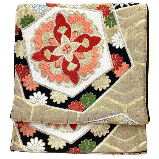 3642# Japanese Vintage Fukuro Obi Belt Kimono Fabric Silk Traditional Black