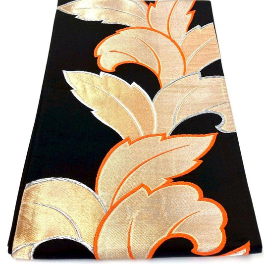 3619# Japanese Vintage Fukuro Obi Belt Kimono Fabric Silk Traditional Black