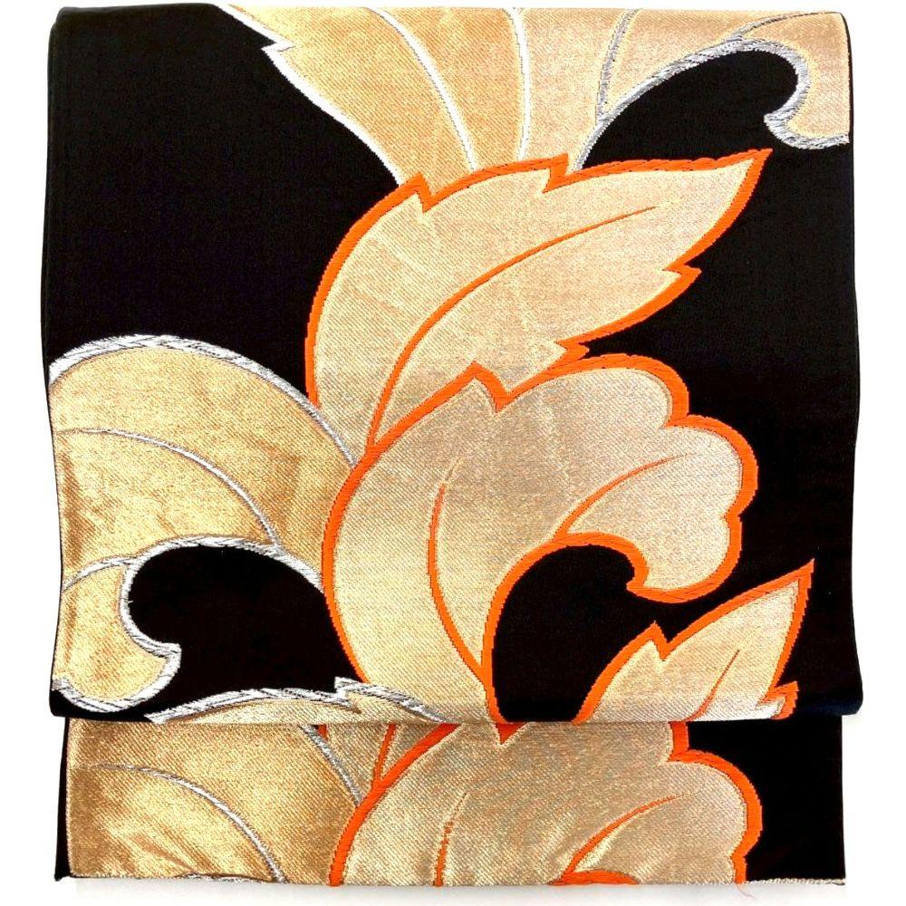 3619# Japanese Vintage Fukuro Obi Belt Kimono Fabric Silk Traditional Black