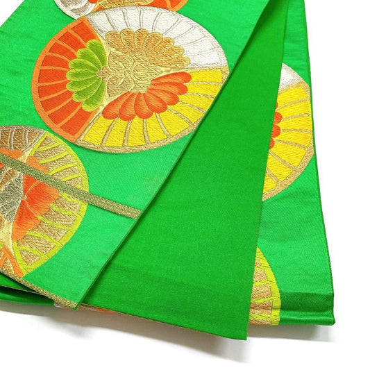 3837# Japanese Vintage Fukuro Obi Belt Kimono Fabric Silk Traditional Green