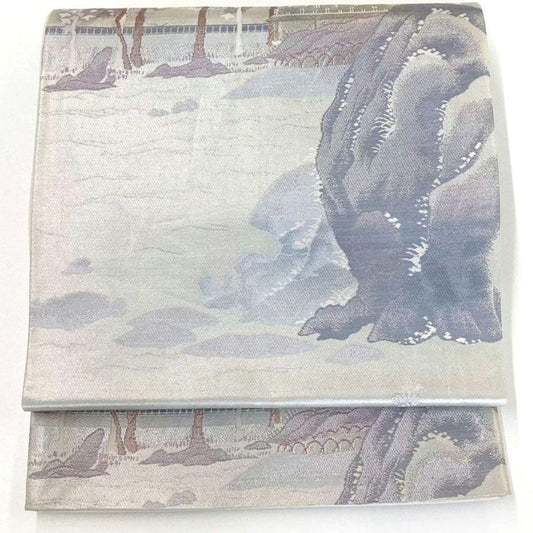 4720# Japanese Vintage Fukuro Obi Belt Kimono Fabric Silk Traditional Silver