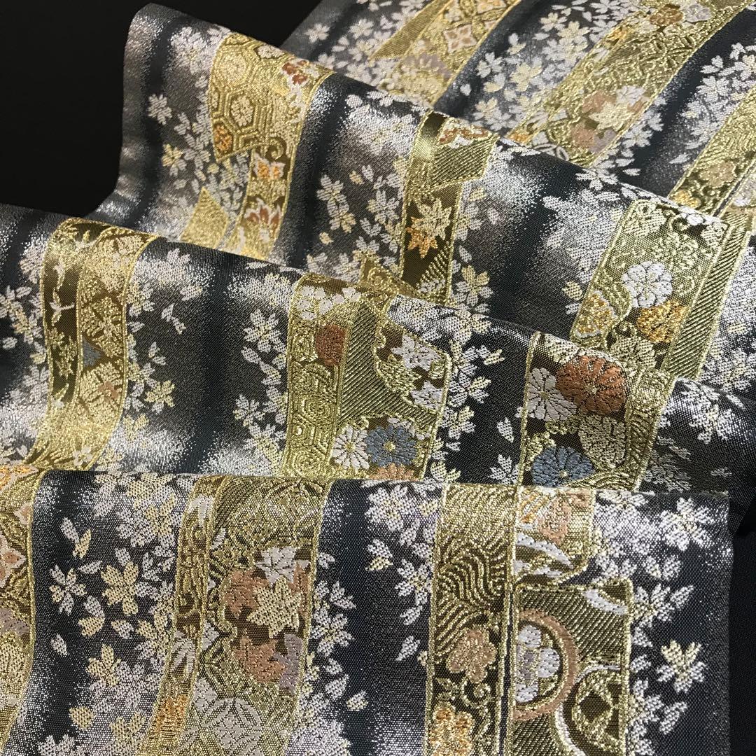 6758# Japanese Vintage Fukuro Obi Belt Kimono Fabric Silk Traditional Black　
