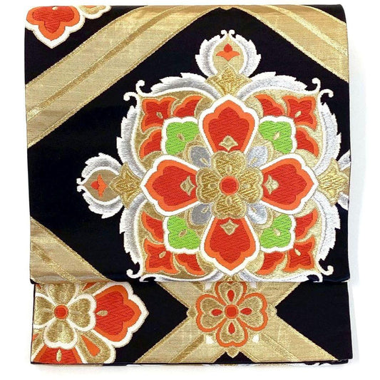 4752# Japanese Vintage Fukuro Obi Belt Kimono Fabric Silk Traditional Black