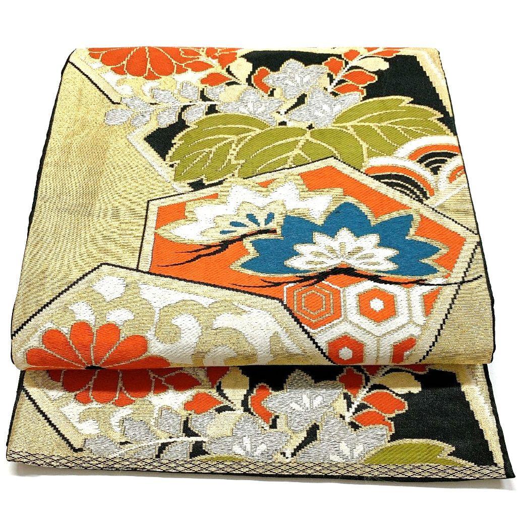 4485# Japanese Vintage Fukuro Obi Belt Kimono Fabric Silk Traditional Black