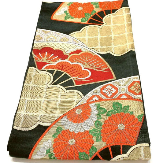 4467# Japanese Vintage Fukuro Obi Belt Kimono Fabric Silk Traditional Black