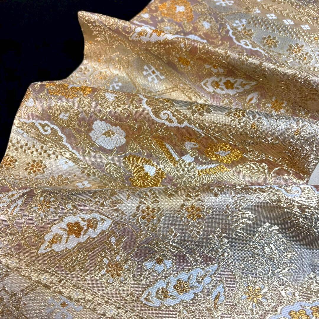 6153# Japanese Vintage Fukuro Obi Belt Kimono Fabric Silk Traditional Gold
