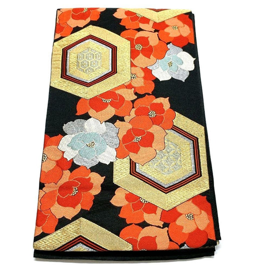 2762# Japanese Vintage Fukuro Obi Belt Kimono Fabric Silk Traditional Black　