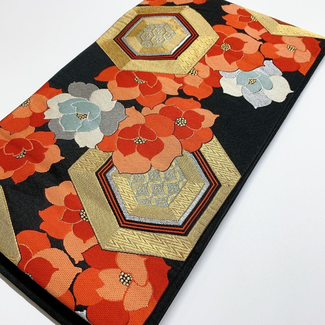 2762# Japanese Vintage Fukuro Obi Belt Kimono Fabric Silk Traditional Black　