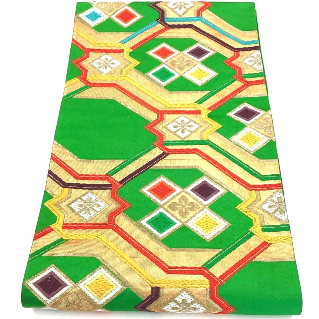 4306# Japanese Vintage Fukuro Obi Belt Kimono Fabric Silk Traditional Green