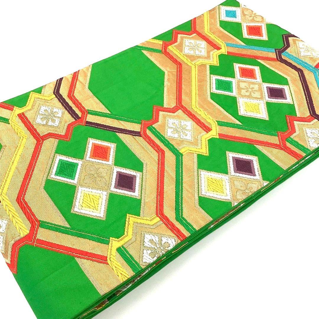 4306# Japanese Vintage Fukuro Obi Belt Kimono Fabric Silk Traditional Green