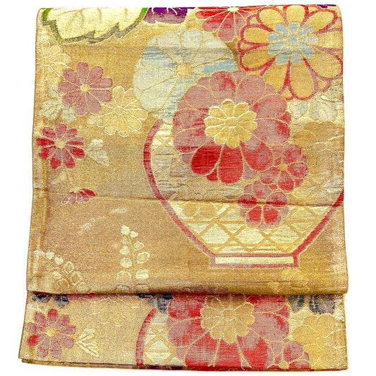 4284# Japanese Vintage Fukuro Obi Belt Kimono Fabric Silk Traditional Gold