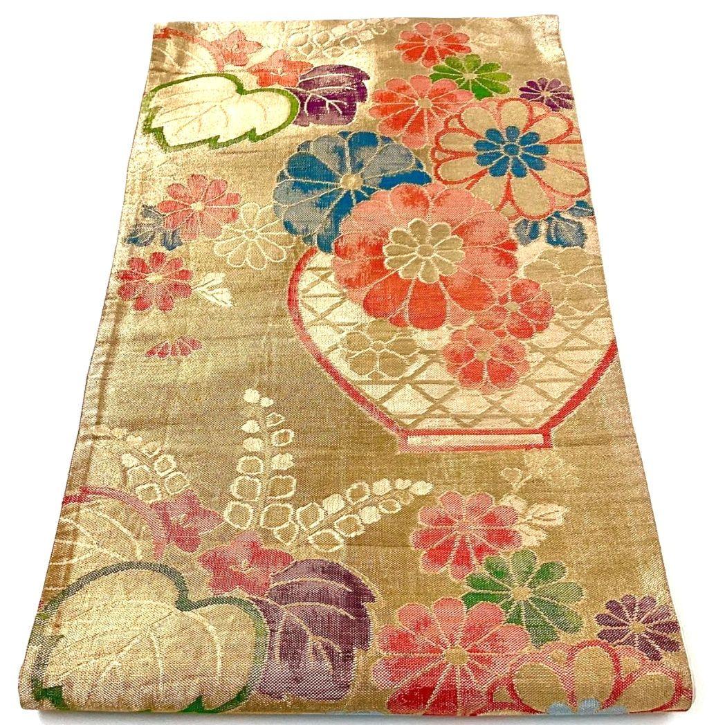 4284# Japanese Vintage Fukuro Obi Belt Kimono Fabric Silk Traditional Gold