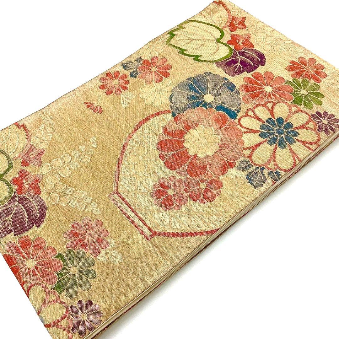 4284# Japanese Vintage Fukuro Obi Belt Kimono Fabric Silk Traditional Gold