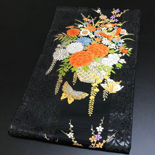 4345# Japanese Vintage Fukuro Obi Belt Kimono Fabric Silk Traditional Black