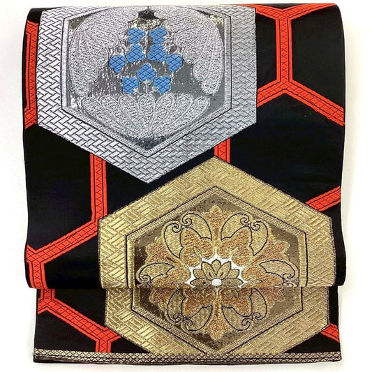 4254# Japanese Vintage Fukuro Obi Belt Kimono Fabric Silk Traditional Black