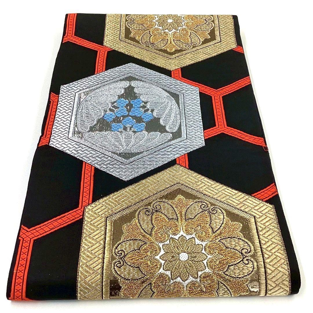 4254# Japanese Vintage Fukuro Obi Belt Kimono Fabric Silk Traditional Black