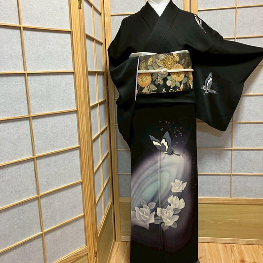4378# Japanese Kimono Vintage Womens Silk Fabric Robe Kimono only sold Black