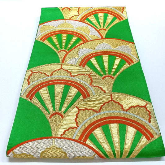 3746# Japanese Vintage Fukuro Obi Belt Kimono Fabric Silk Traditional Green