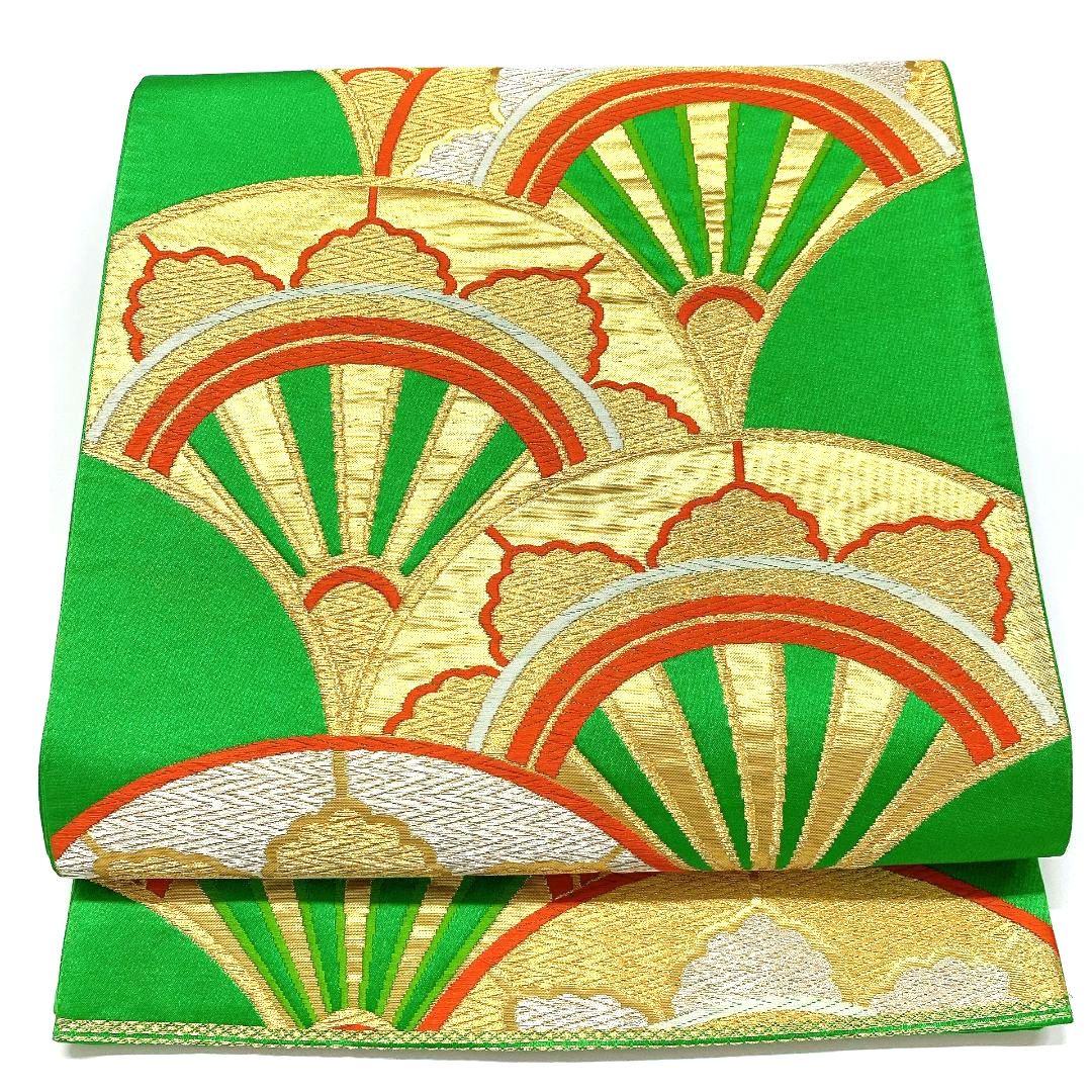 3746# Japanese Vintage Fukuro Obi Belt Kimono Fabric Silk Traditional Green