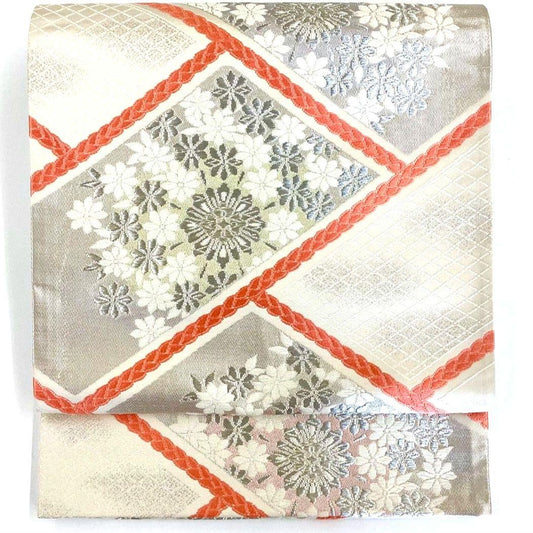 3064# Japanese Vintage Fukuro Obi Belt Kimono Fabric Silk Traditional Silver