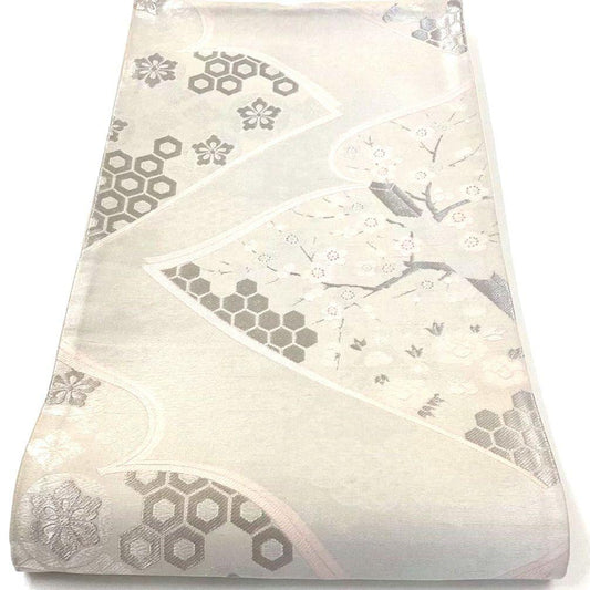 4721# Japanese Vintage Fukuro Obi Belt Kimono Fabric Silk Traditional Silver